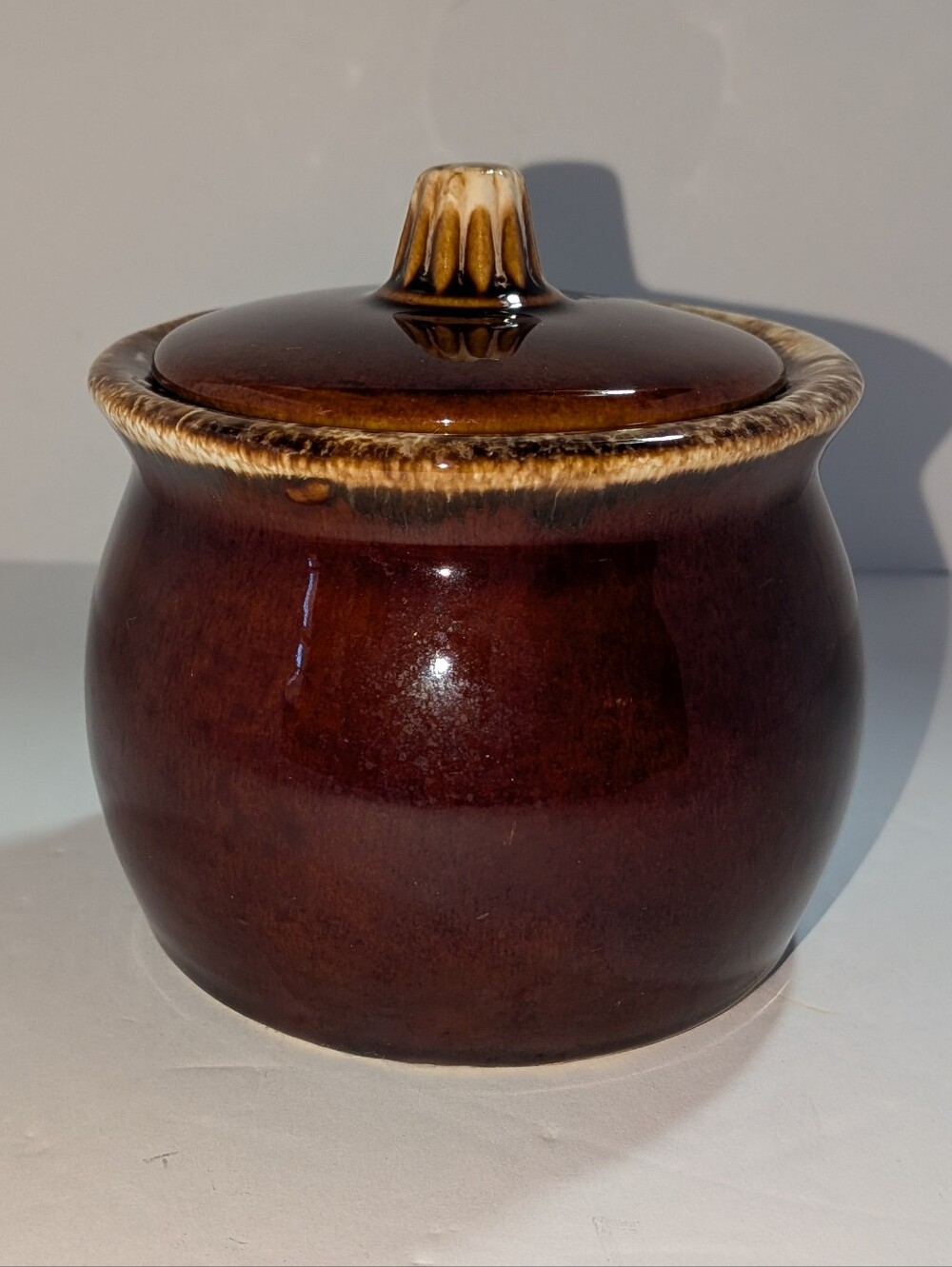 Vintage Hull Pottery Brown Drip Sugar Bowl w/ Lid–Oven Proof USA 4" Tall x 4" R
